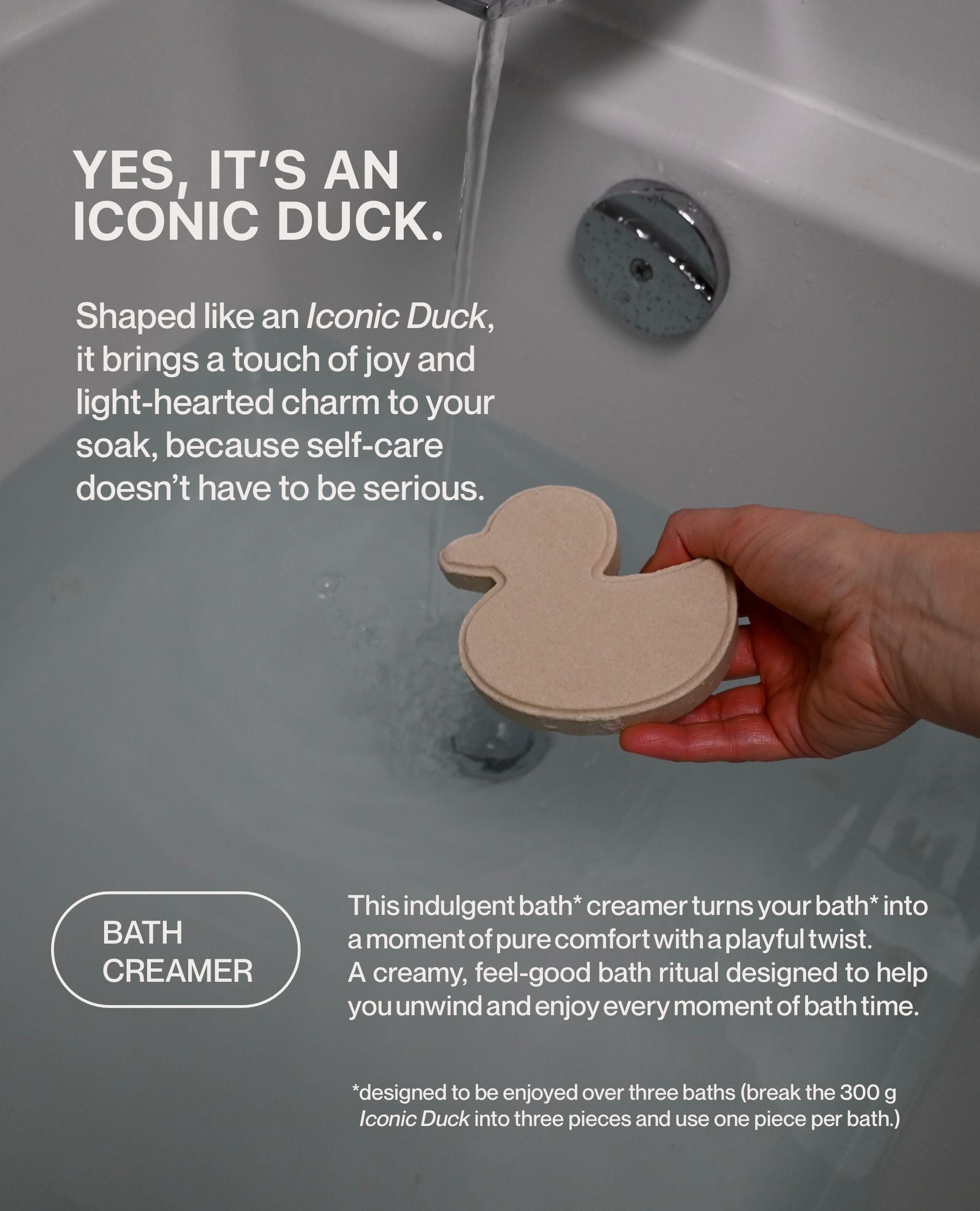 Hands holding an iconic duck bath creamer, designed to enrich your bath with joy and moisture.