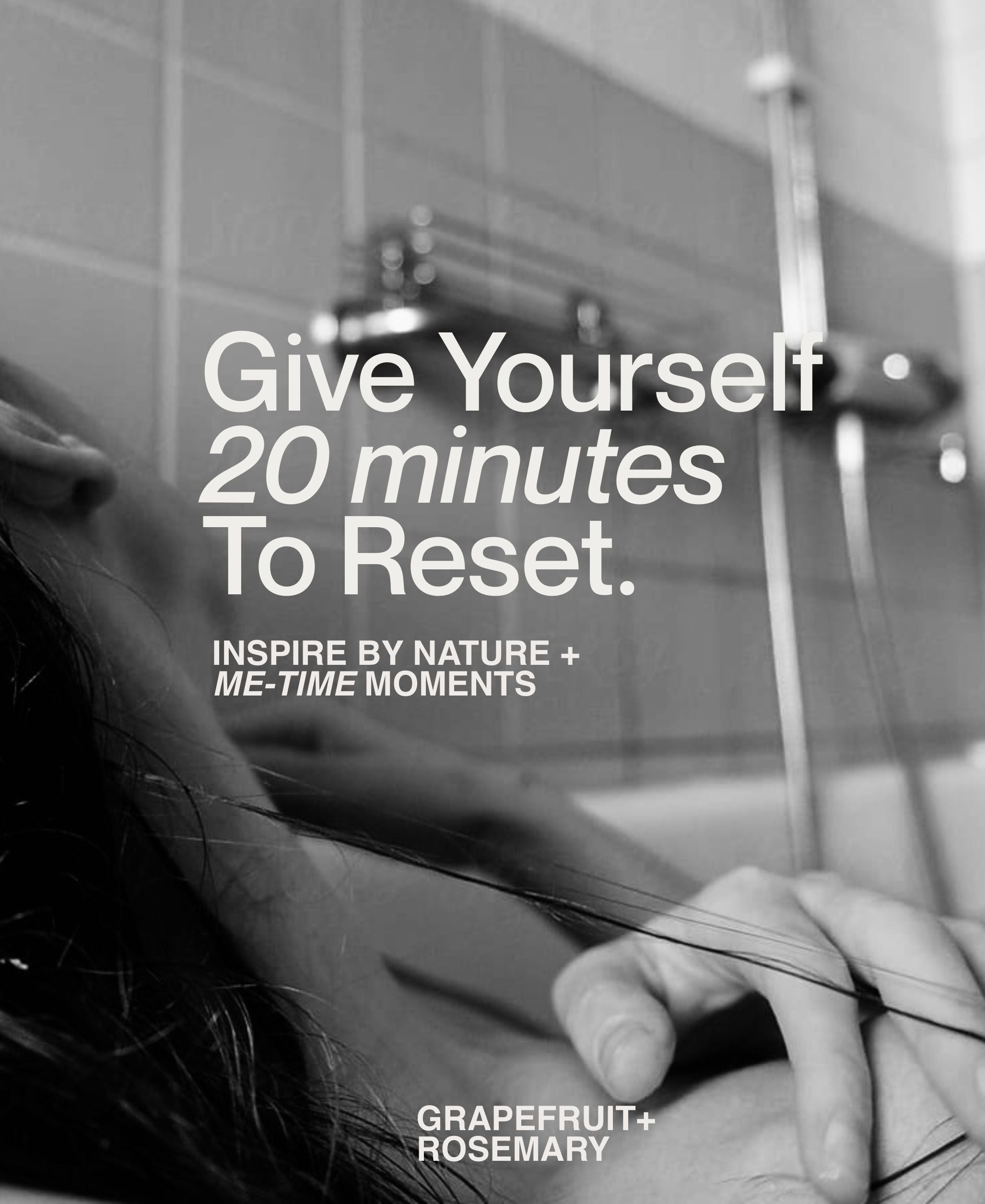 Black and white bath ritual image promoting bath salt Grapefruit + Rosemary self-care moments
