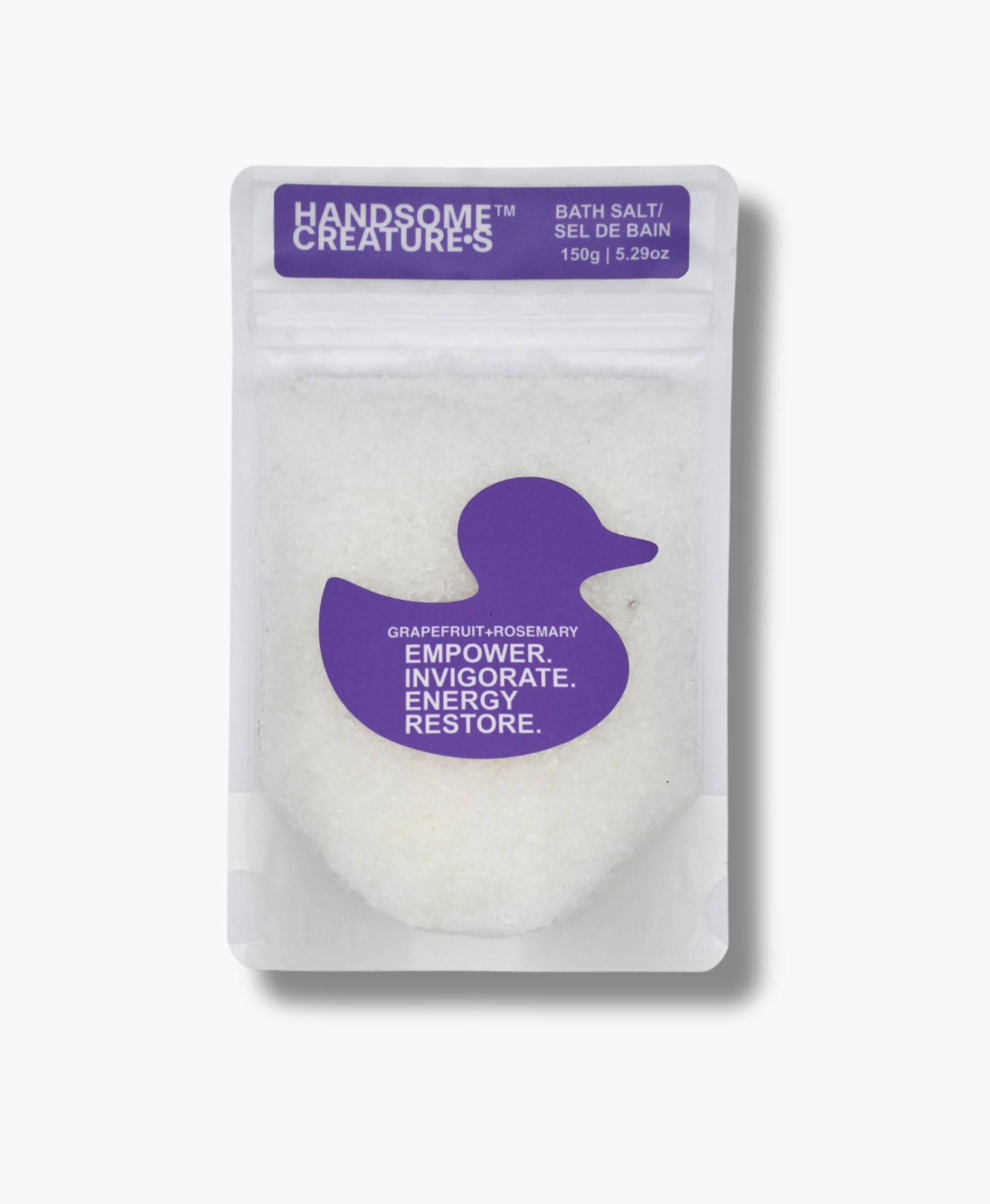 Handsome Creatures Grapefruit + Rosemary bath salts in minimalist pouch packaging