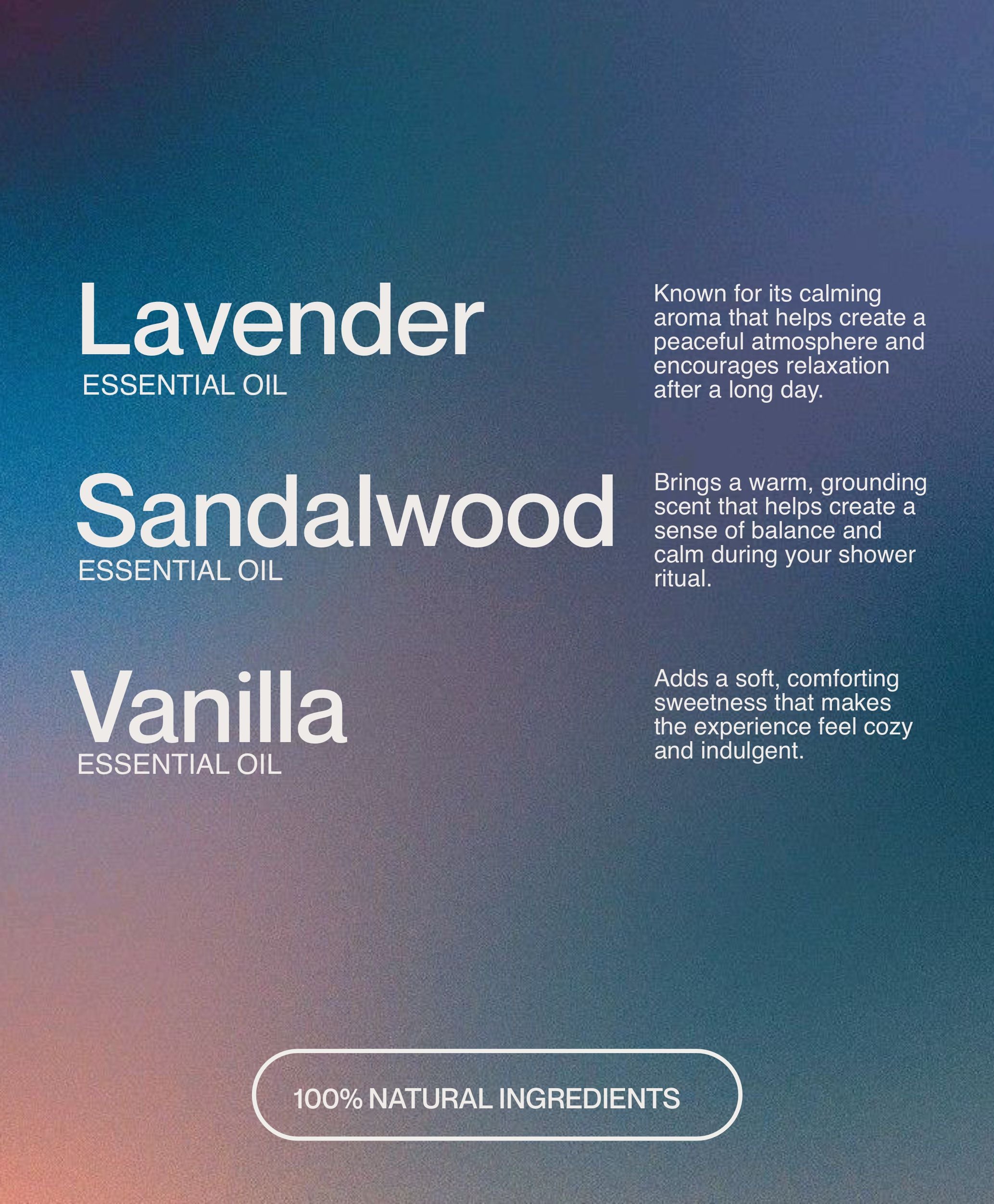 Lavender, sandalwood, and vanilla essential oil shower steamers ingredient graphic
