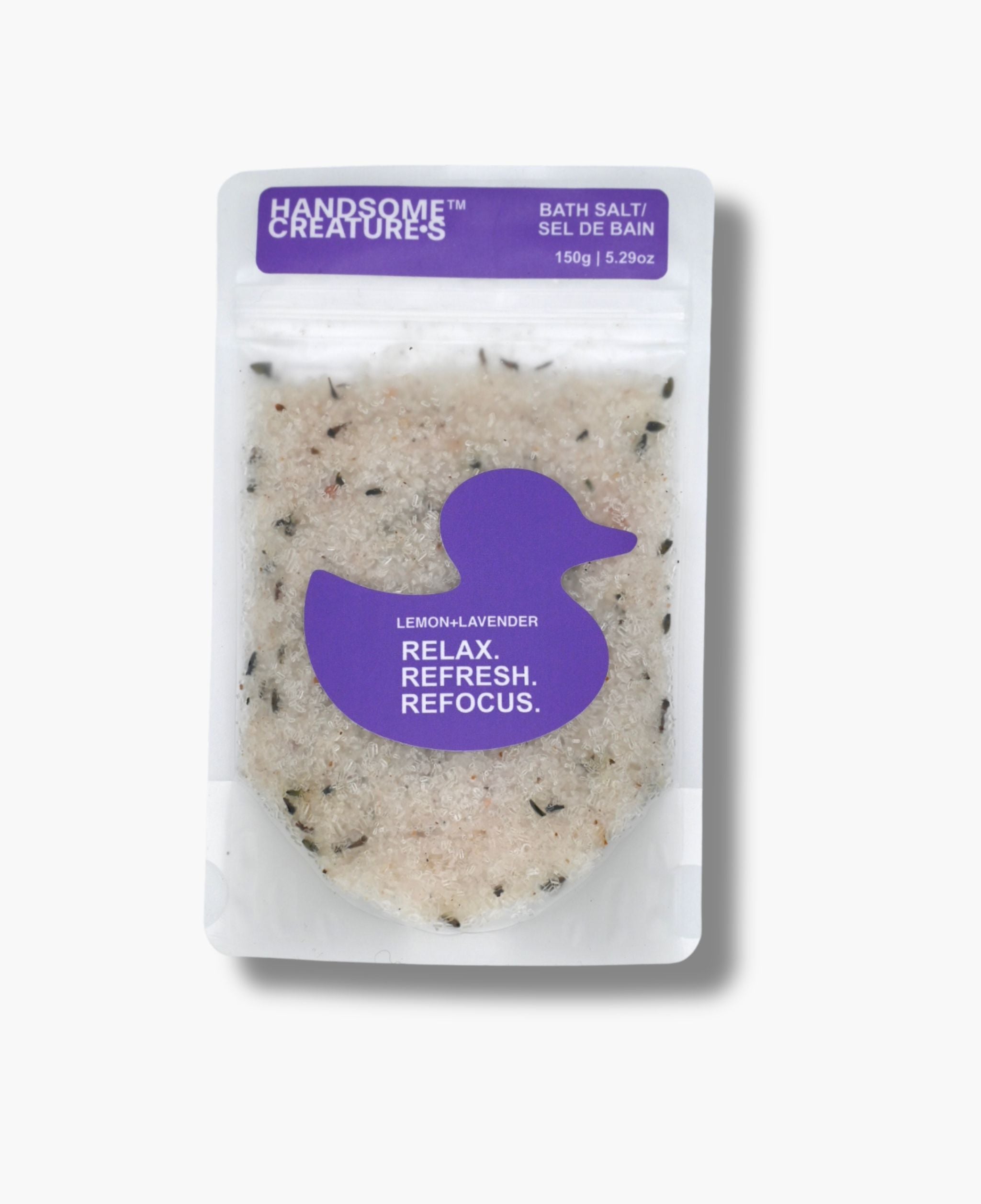 Handsome Creatures Lemon + Lavender bath salts in minimalist pouch packaging