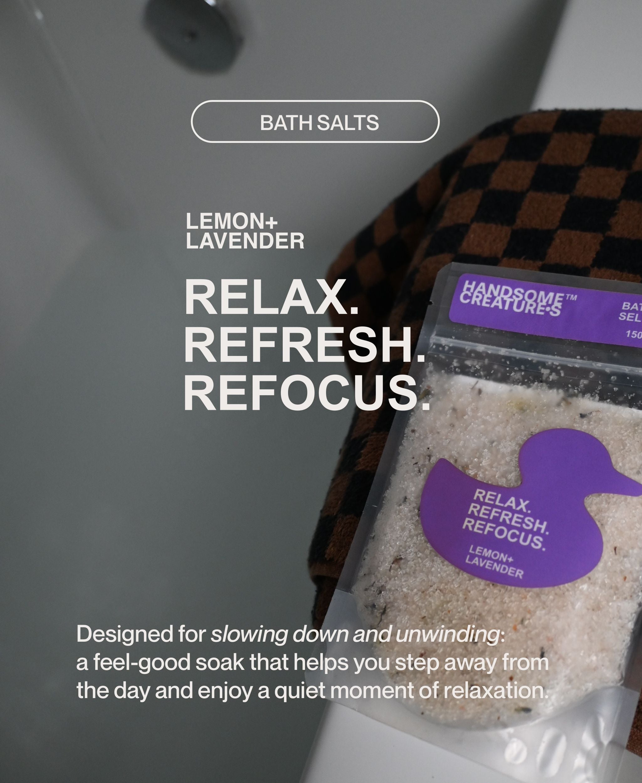 Handsome Creatures Lemon + Lavender bath salts in modern bathroom setting