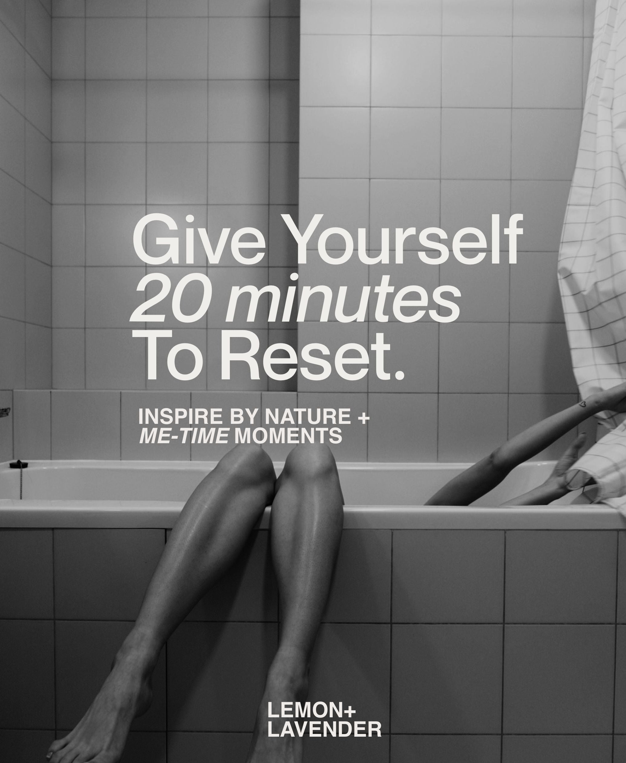 Black and white bath ritual image promoting Lemon + Lavender bath salt self-care moments