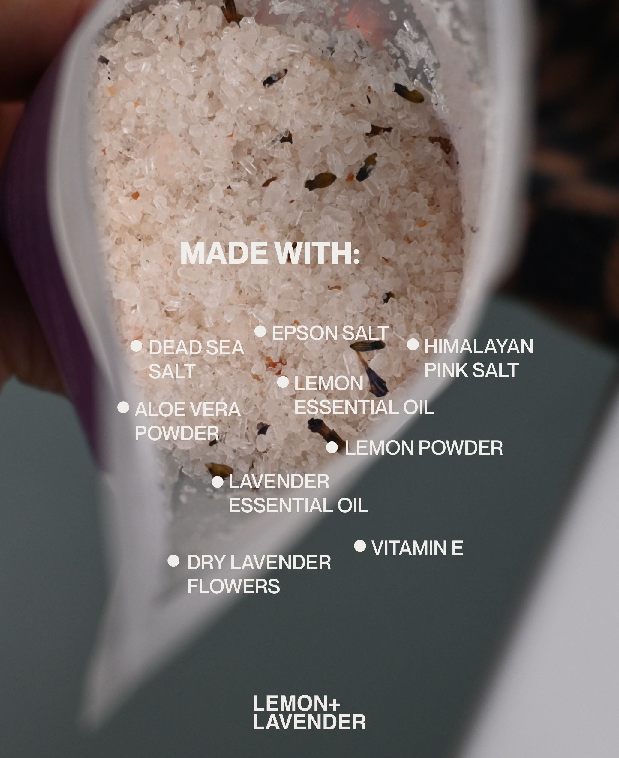 Close-up of Lemon + Lavender bath salts with mineral and botanical ingredients
