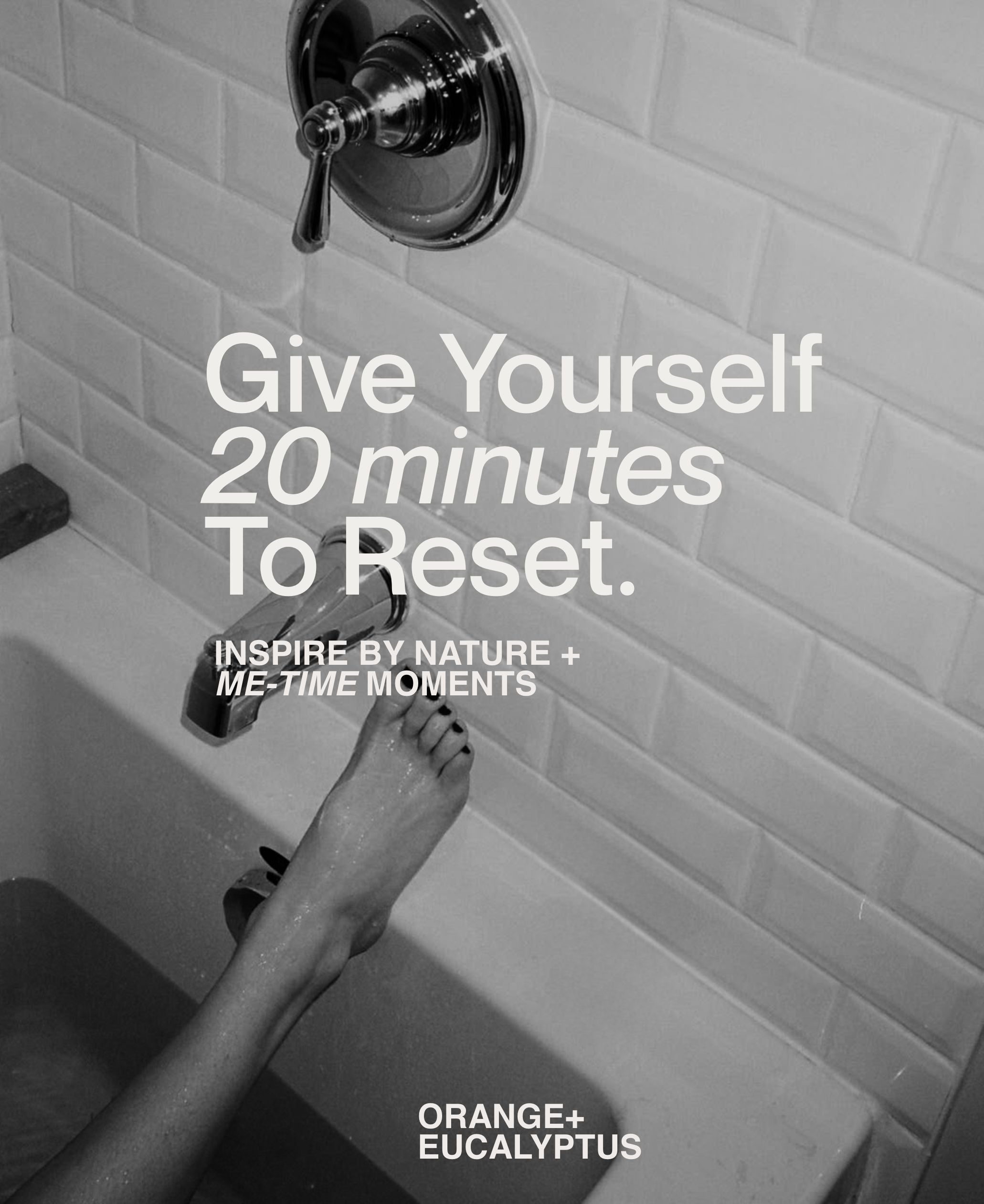 Black and white bath ritual image promoting bath salt boosting Sweet Orange + Eucalyptus self-care moments