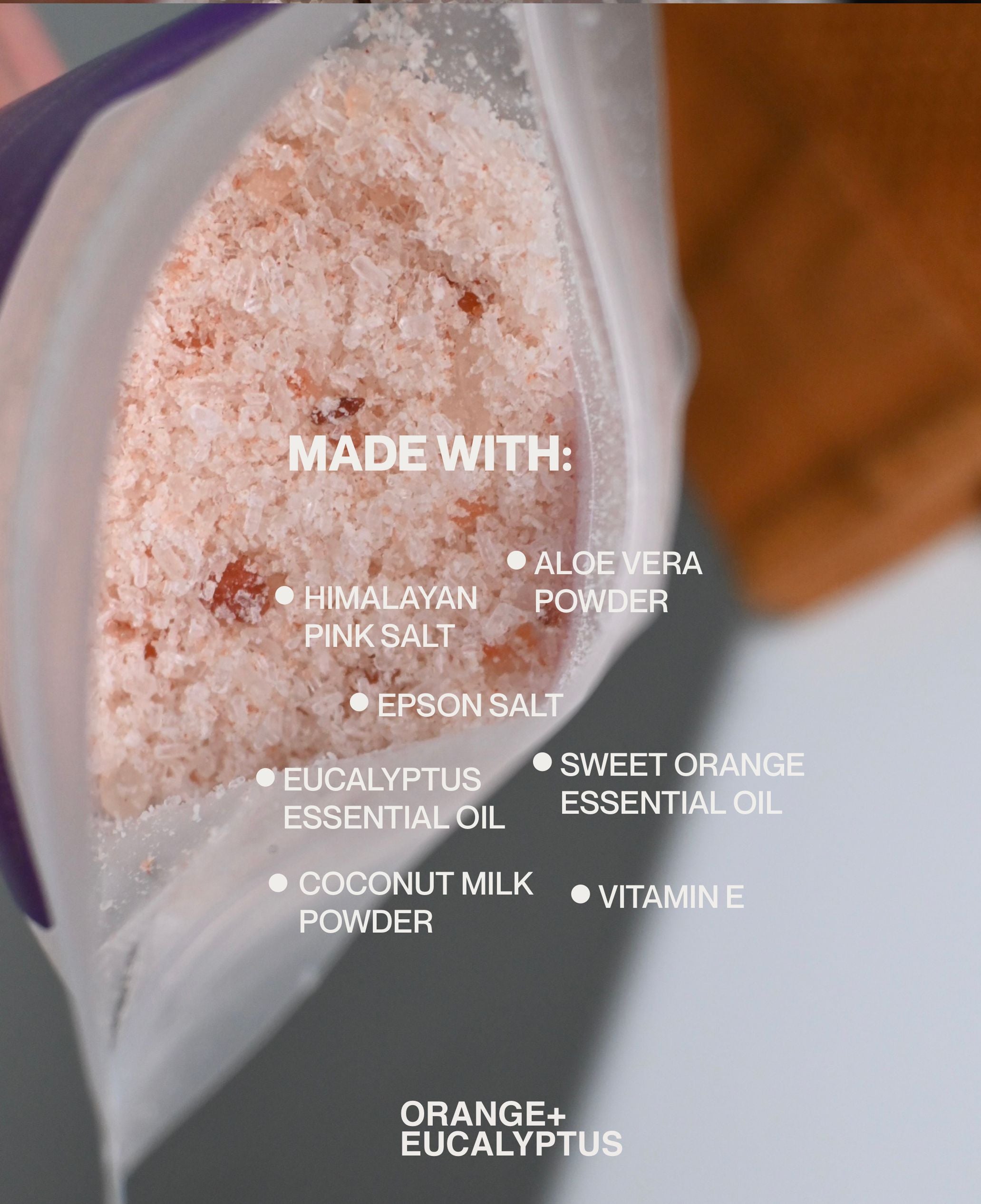 Close-up of Handsome Creatures bath salt boosting Sweet Orange + Eucalyptus with mineral and botanical ingredients