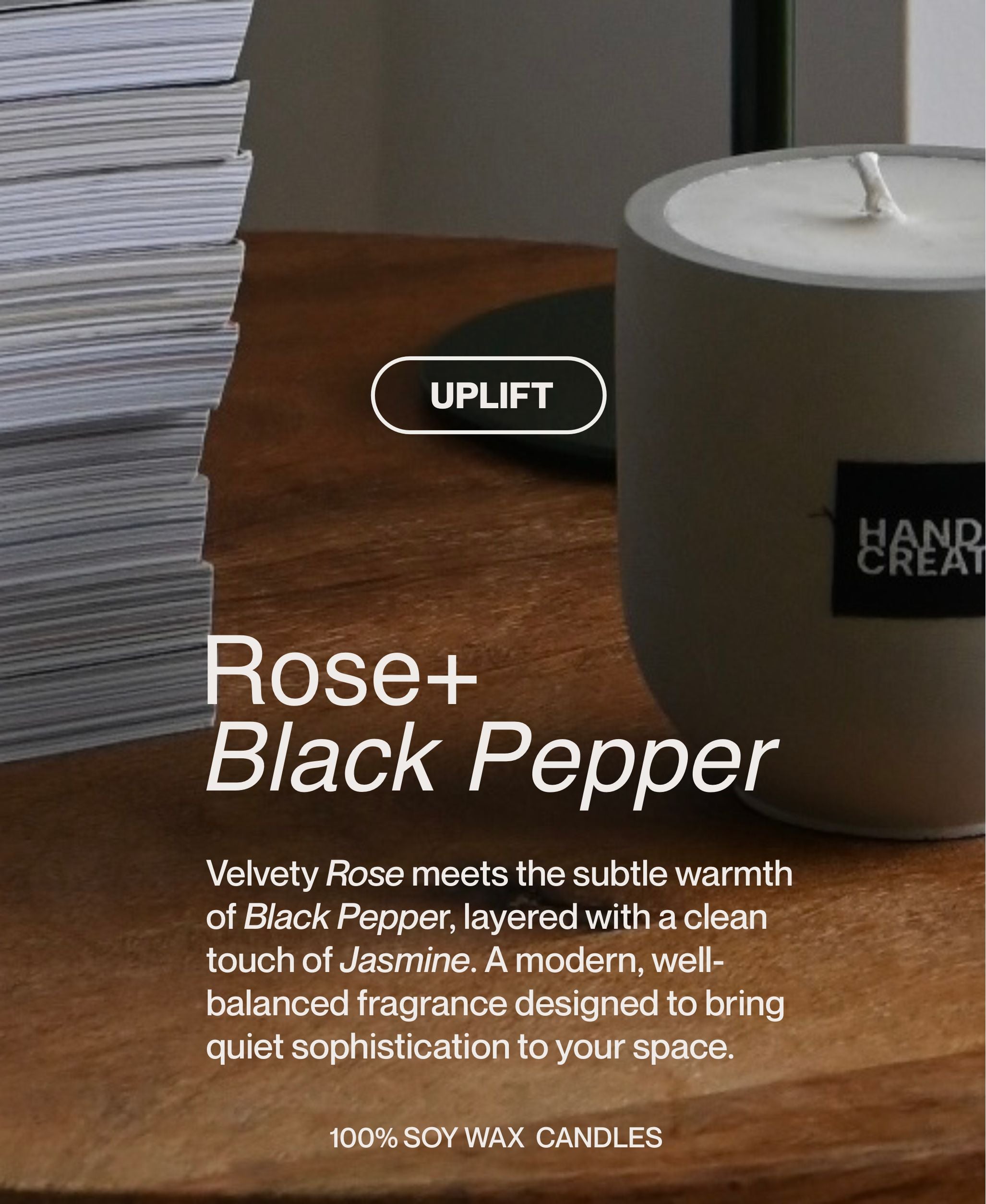 Handsome Creatures Rose + Black Pepper soy wax candle with modern editorial styling