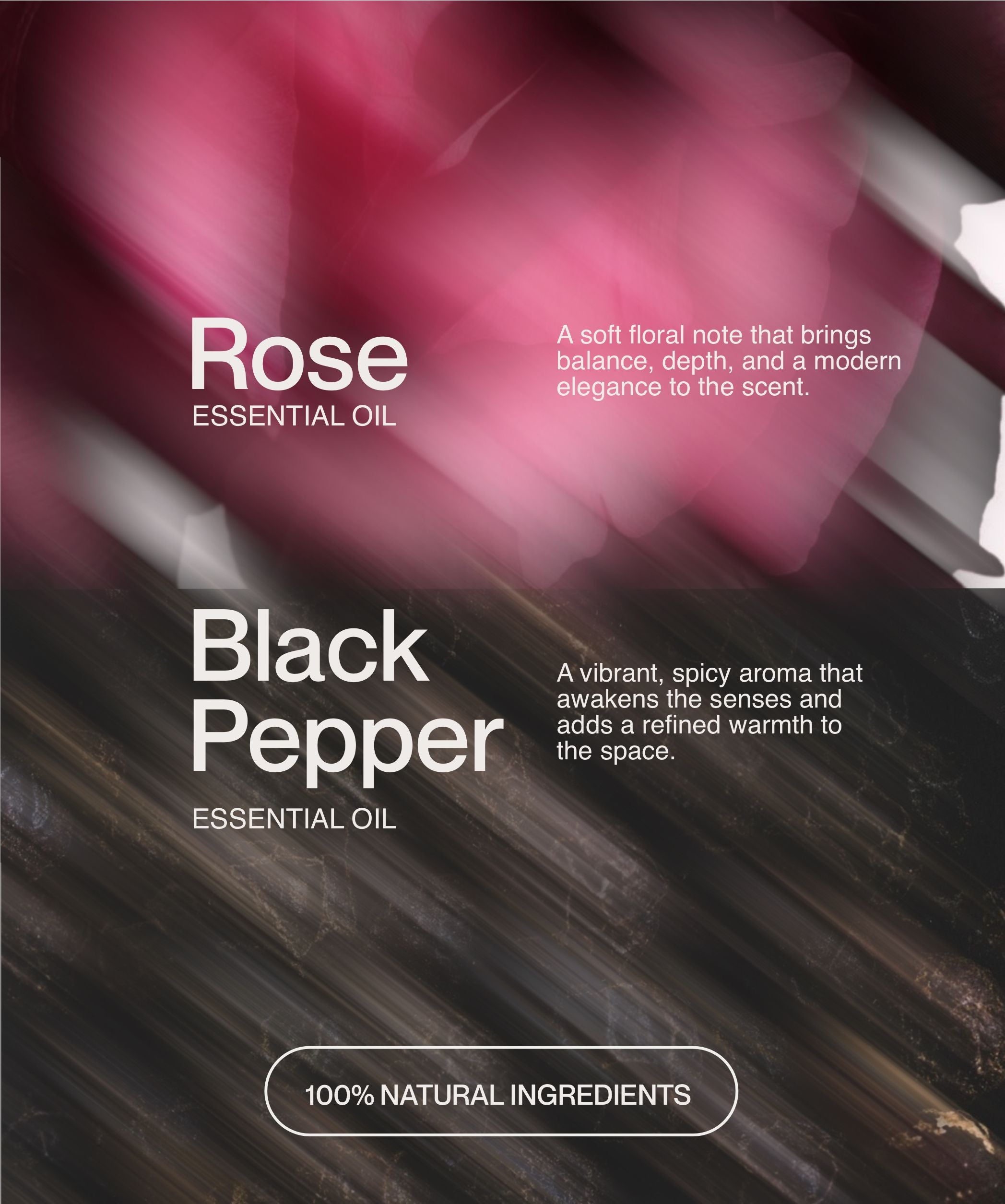 Rose + Black Pepper soy wax candle fragrance story with abstract botanical motion background