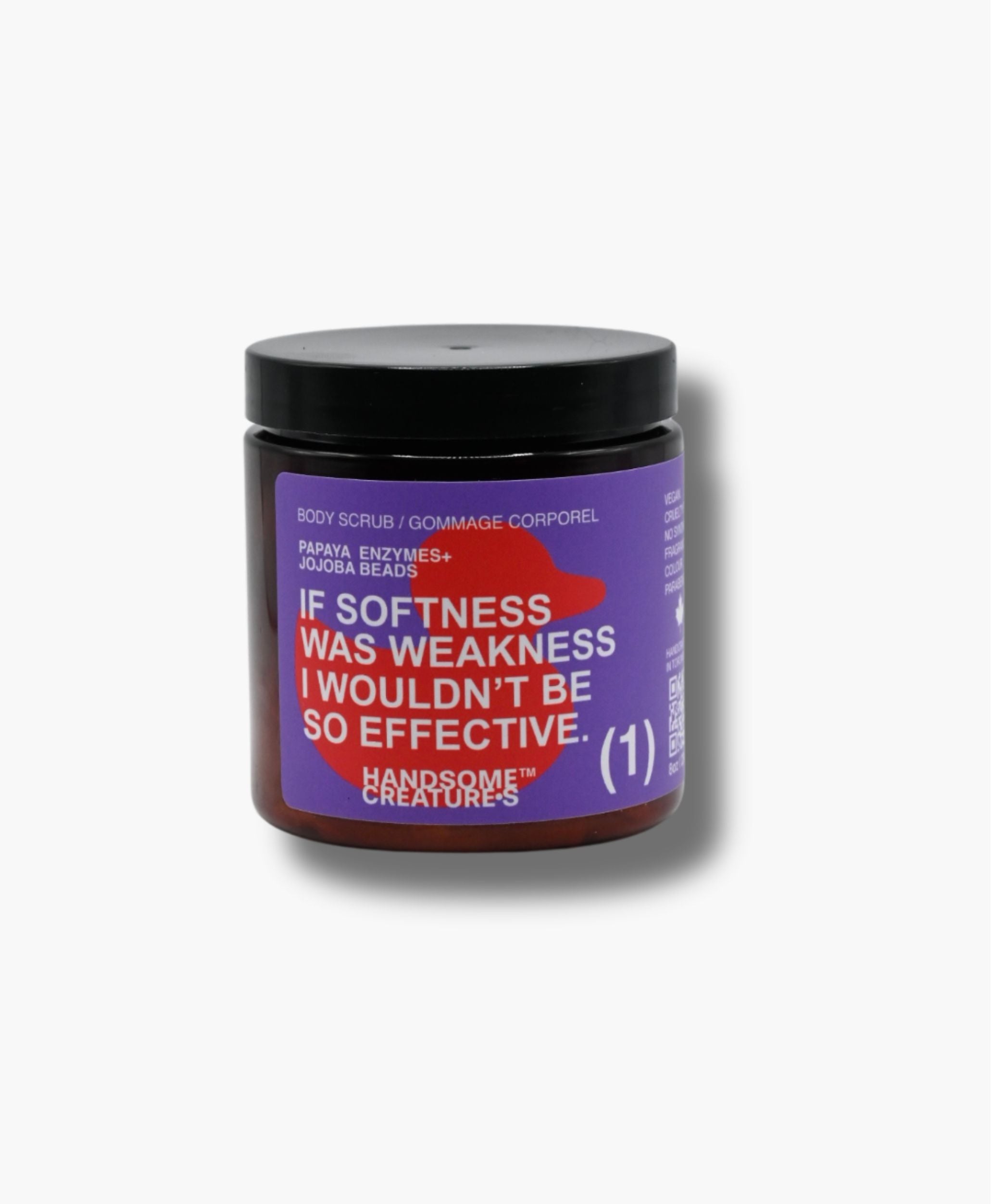 Handsome Creatures body scrub in amber jar with bold modern packaging