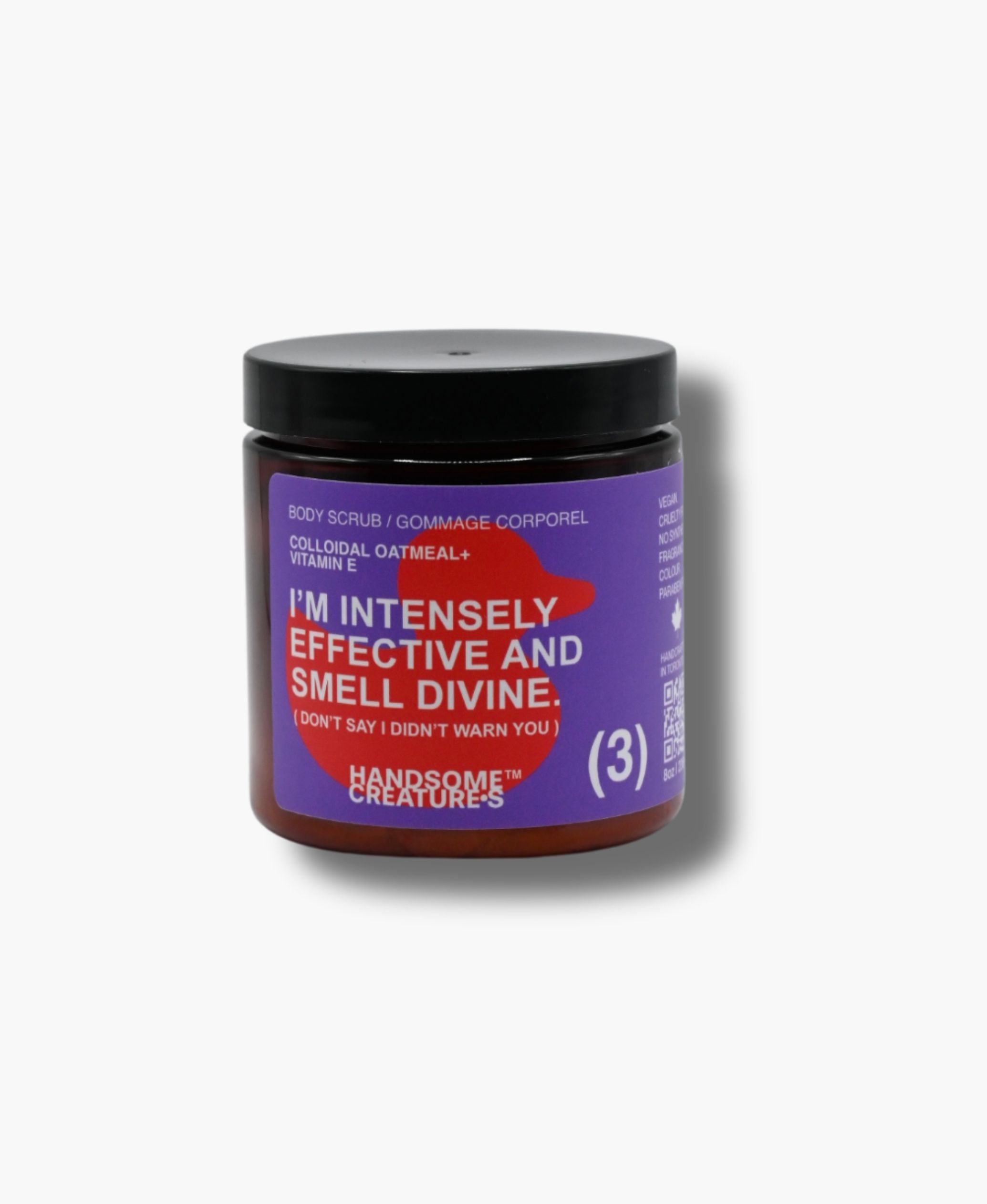 Handsome Creatures body scrub in amber jar with bold modern packaging