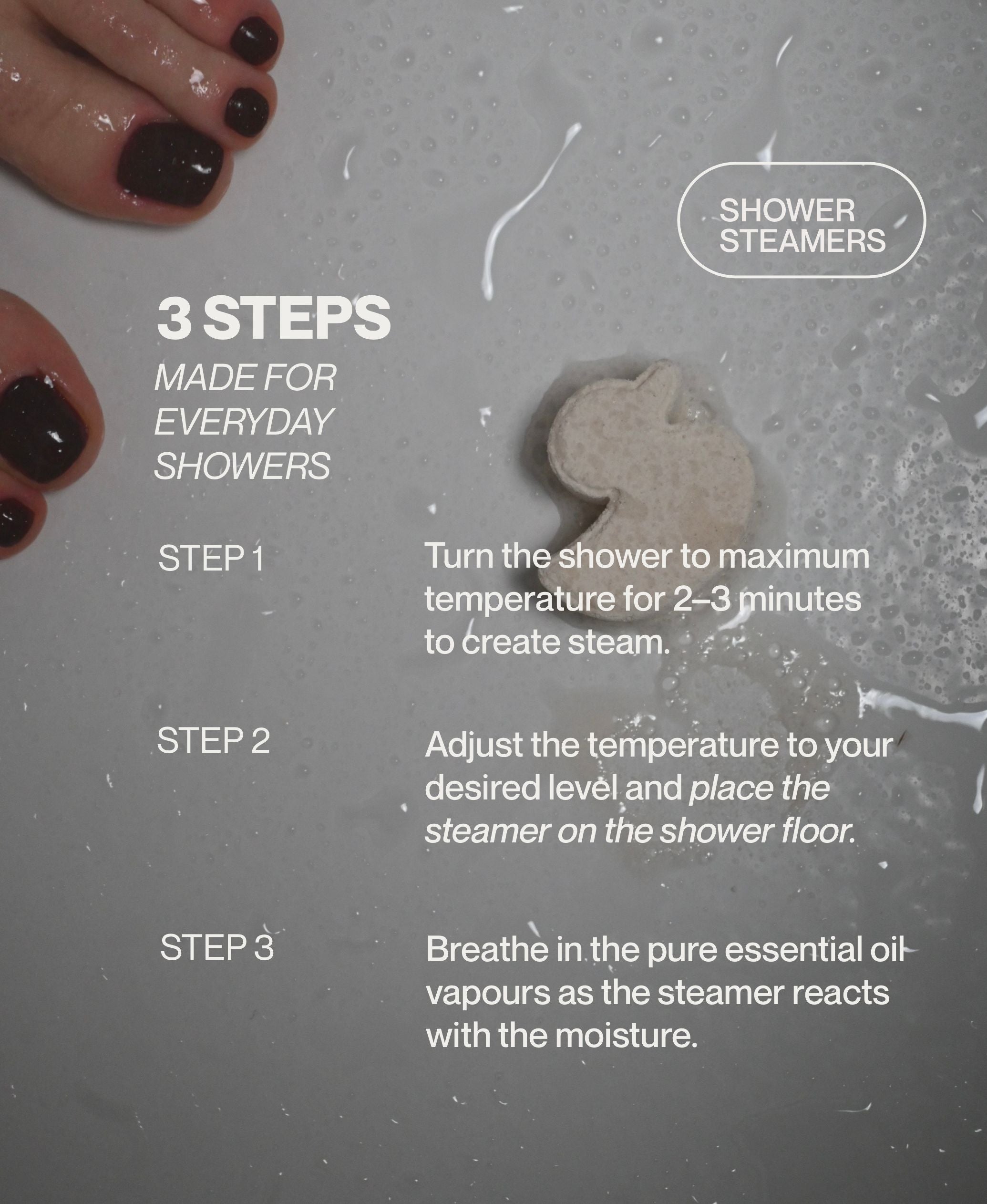 Three-step aromatherapy shower steamer ritual guide with duck-shaped shower steamers