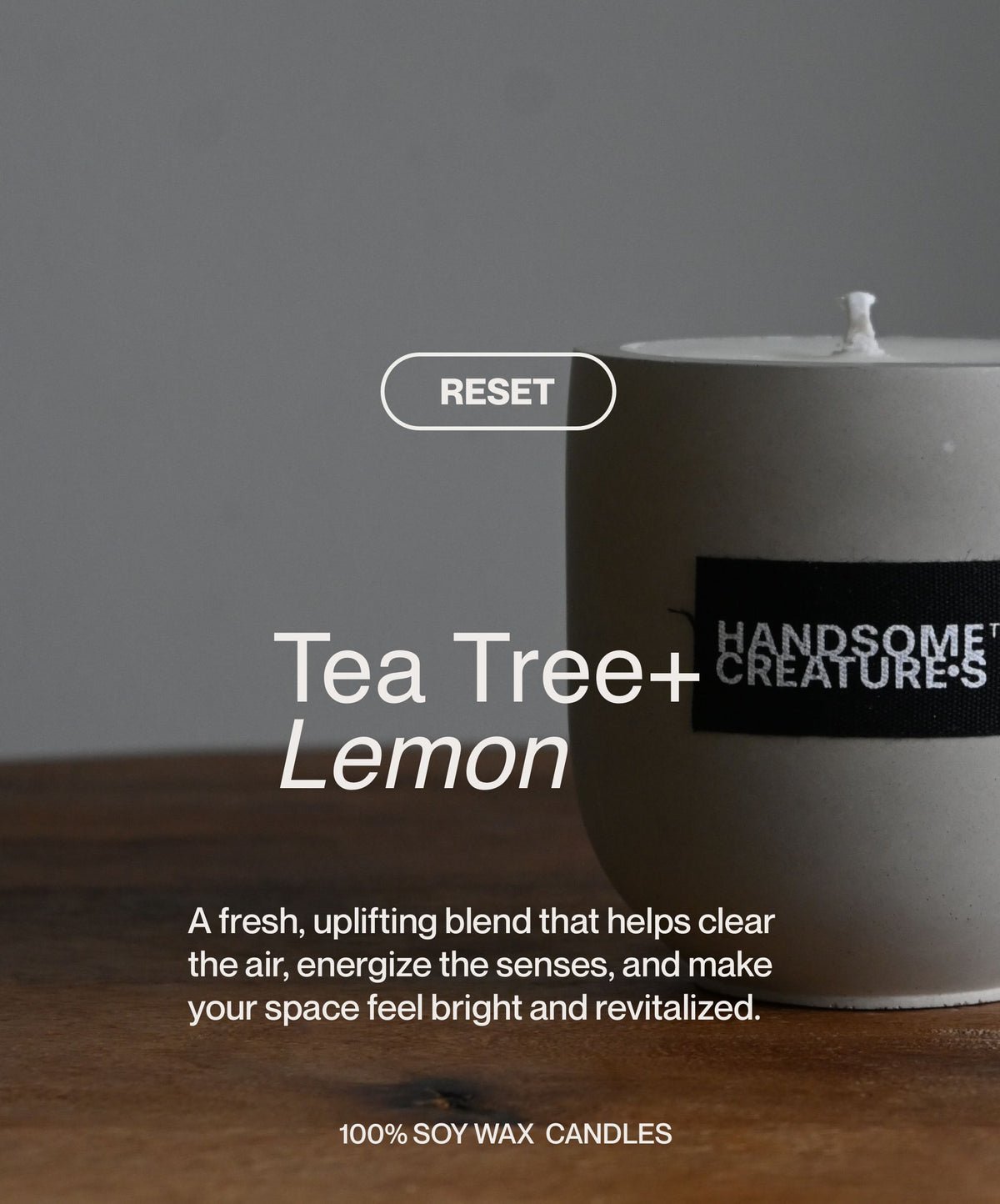 Handsome Creatures Tea Tree + Lemon soy wax candle with minimalist modern styling