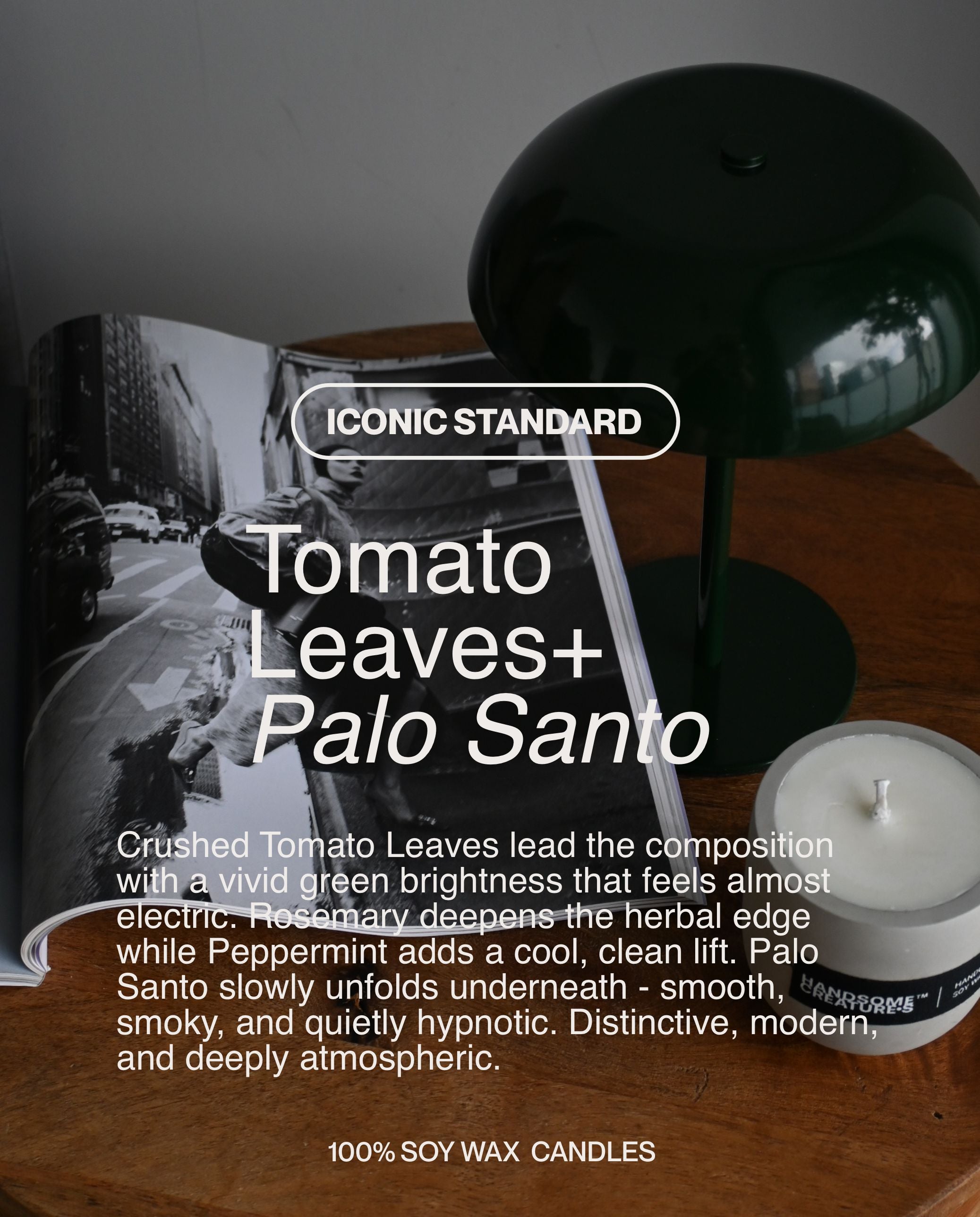 Handsome Creatures Tomato Leaves + Palo Santo soy wax candle styled beside modern interior decor