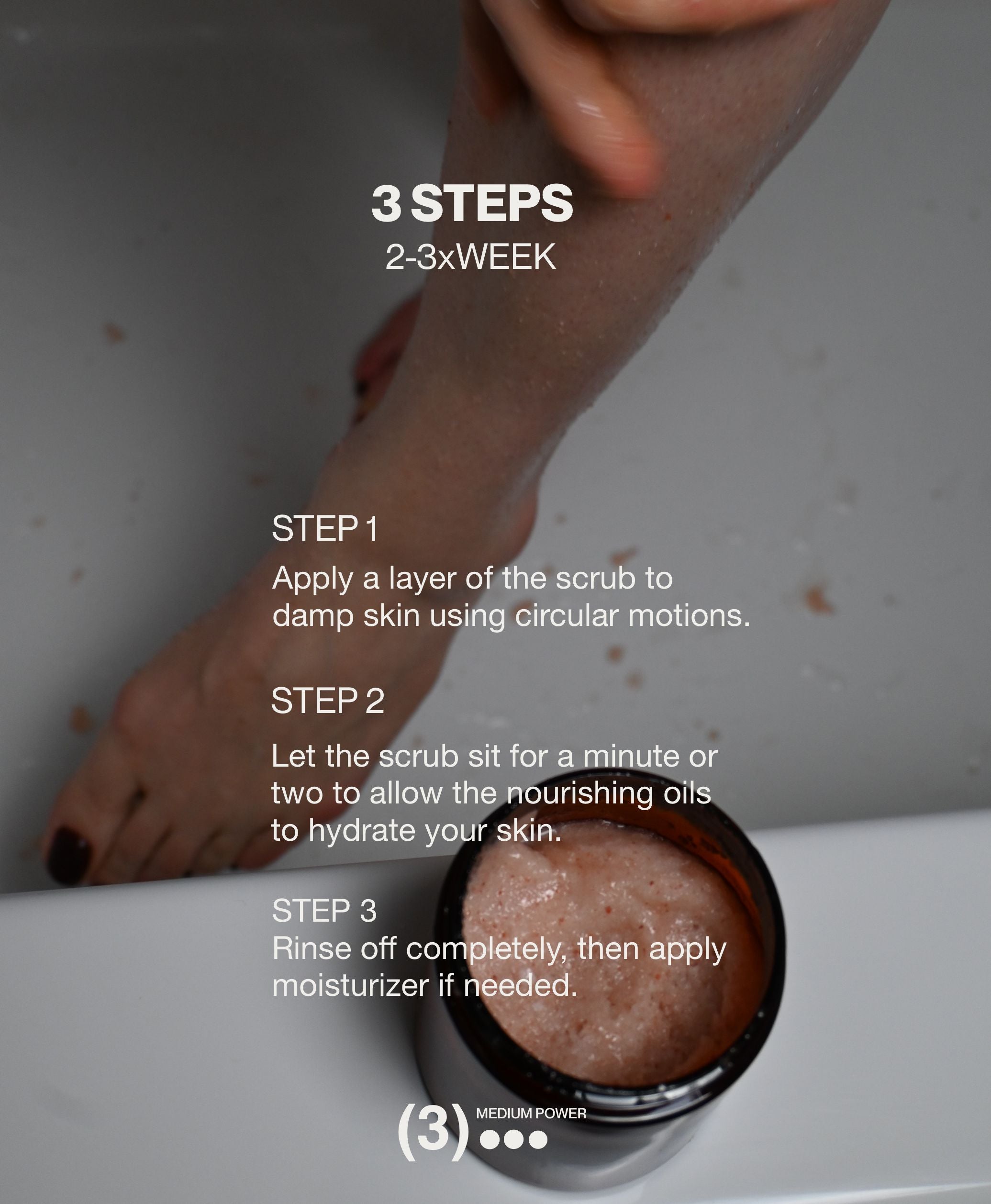 Three-step exfoliating body scrub ritual guide with whipped scrub texture