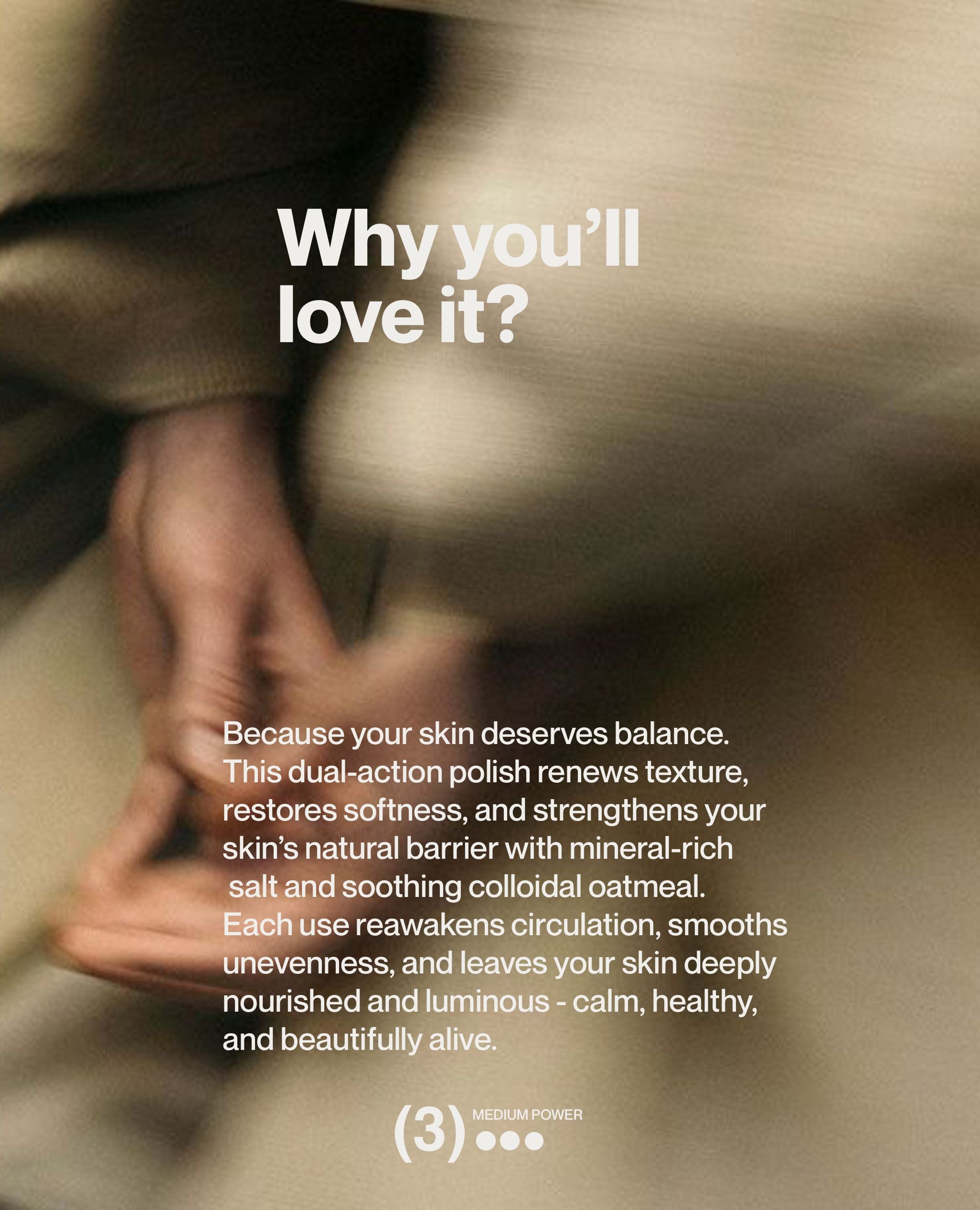 Editorial body scrub campaign promoting smooth luminous nourished skin