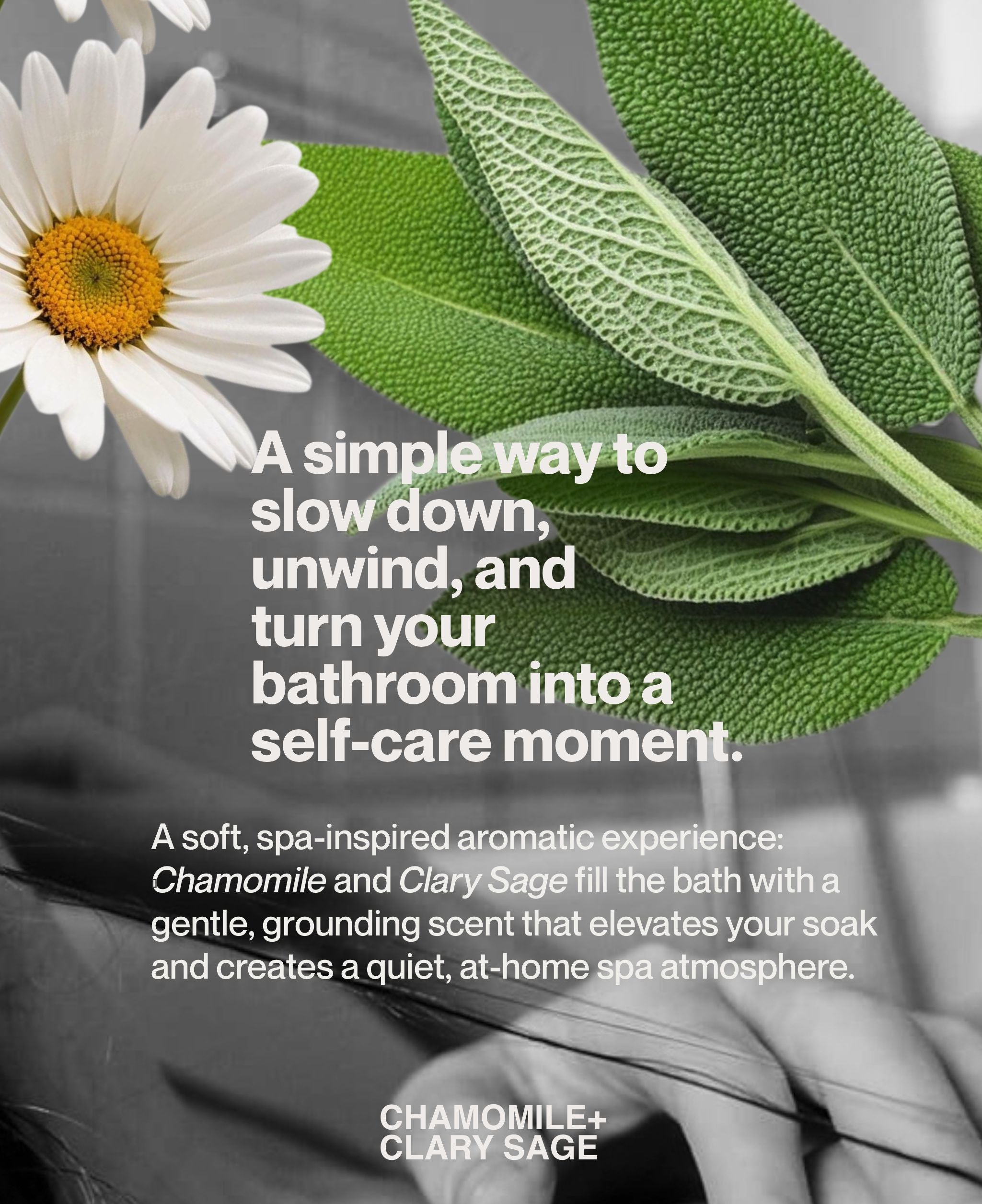 Chamomile and clary sage bath salt campaign with calming botanical wellness aesthetic