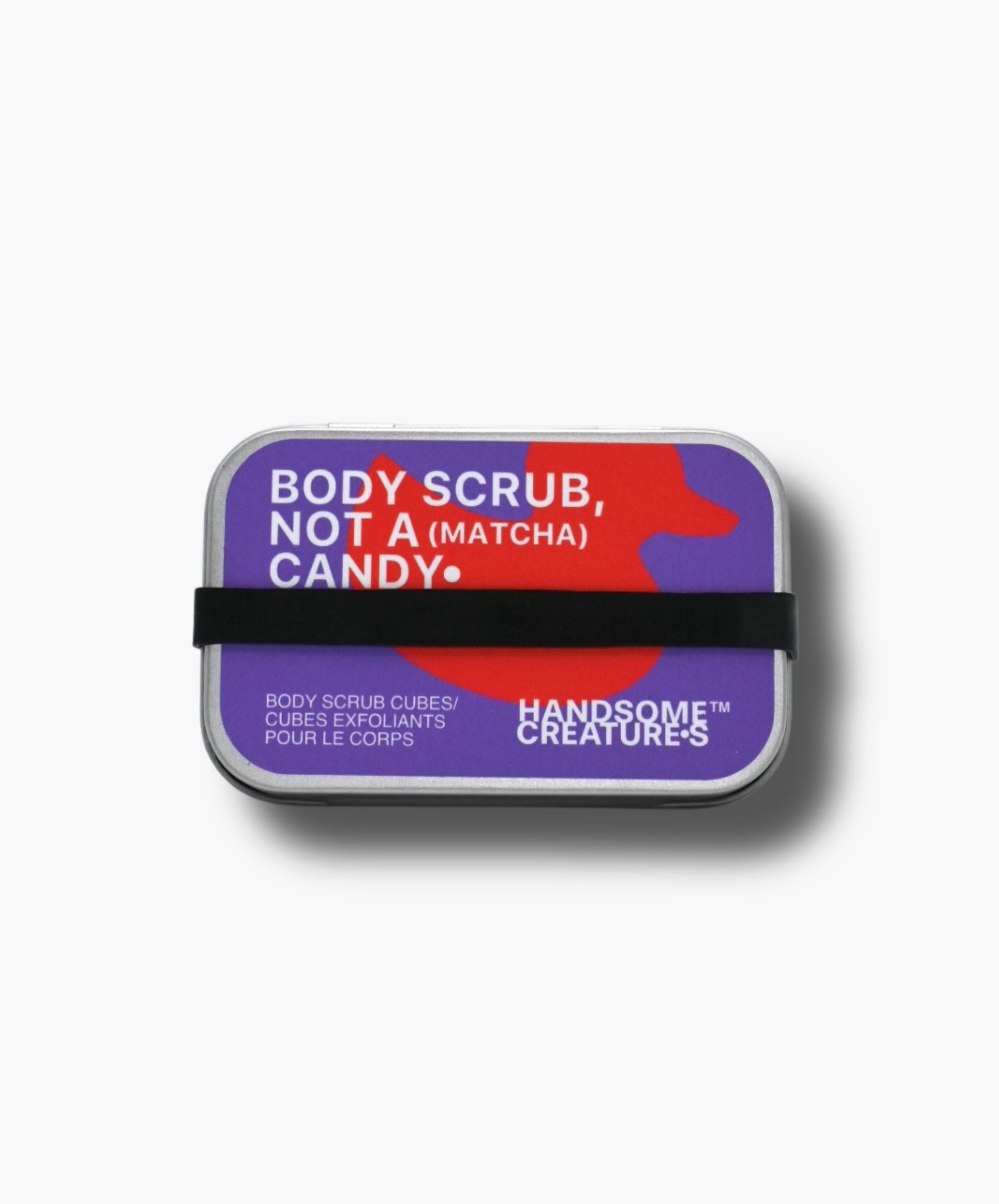 Handsome Creatures matcha body scrub cubes in colorful modern tin packaging
