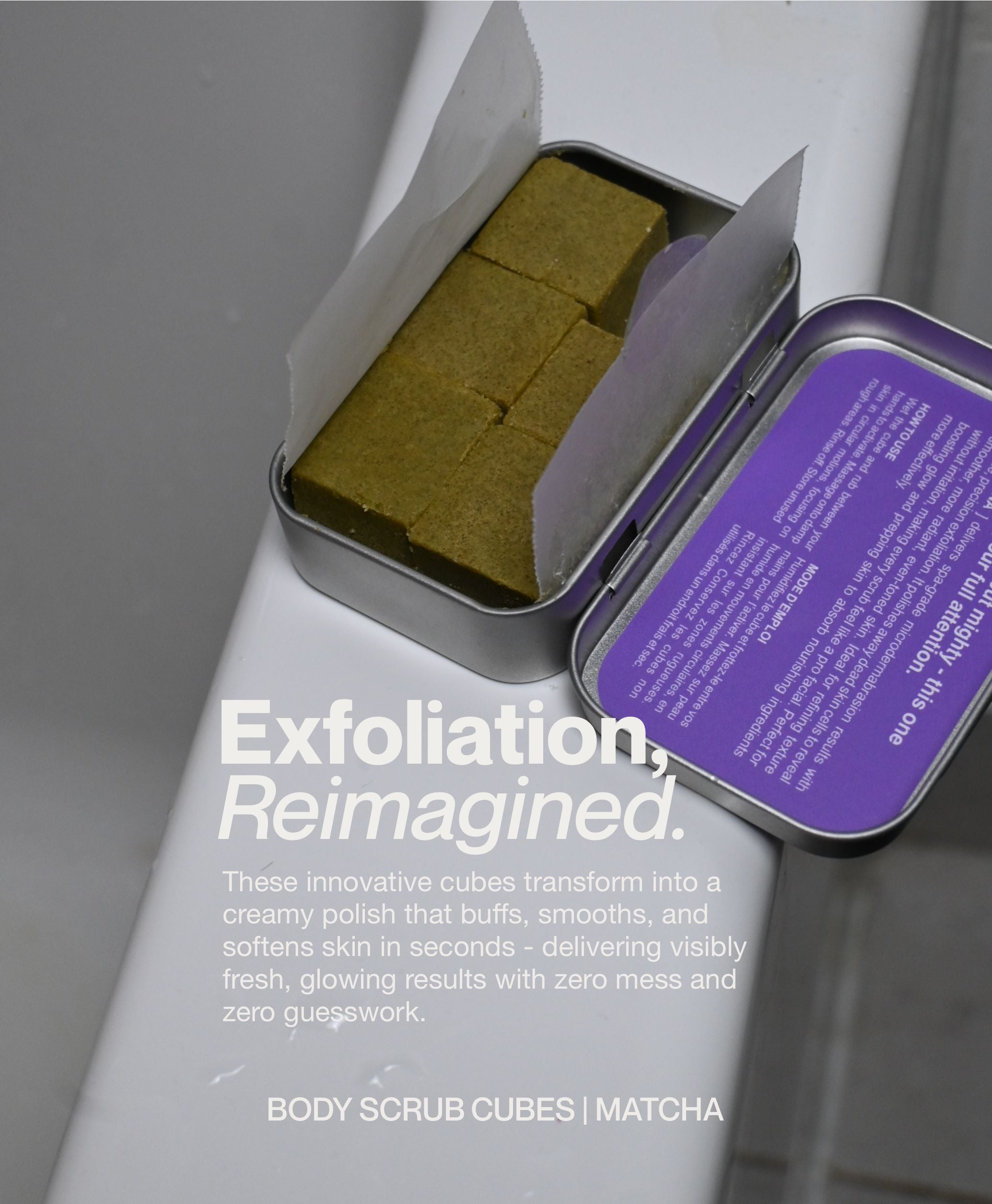 Matcha body scrub cubes in reusable tin with modern bathroom styling