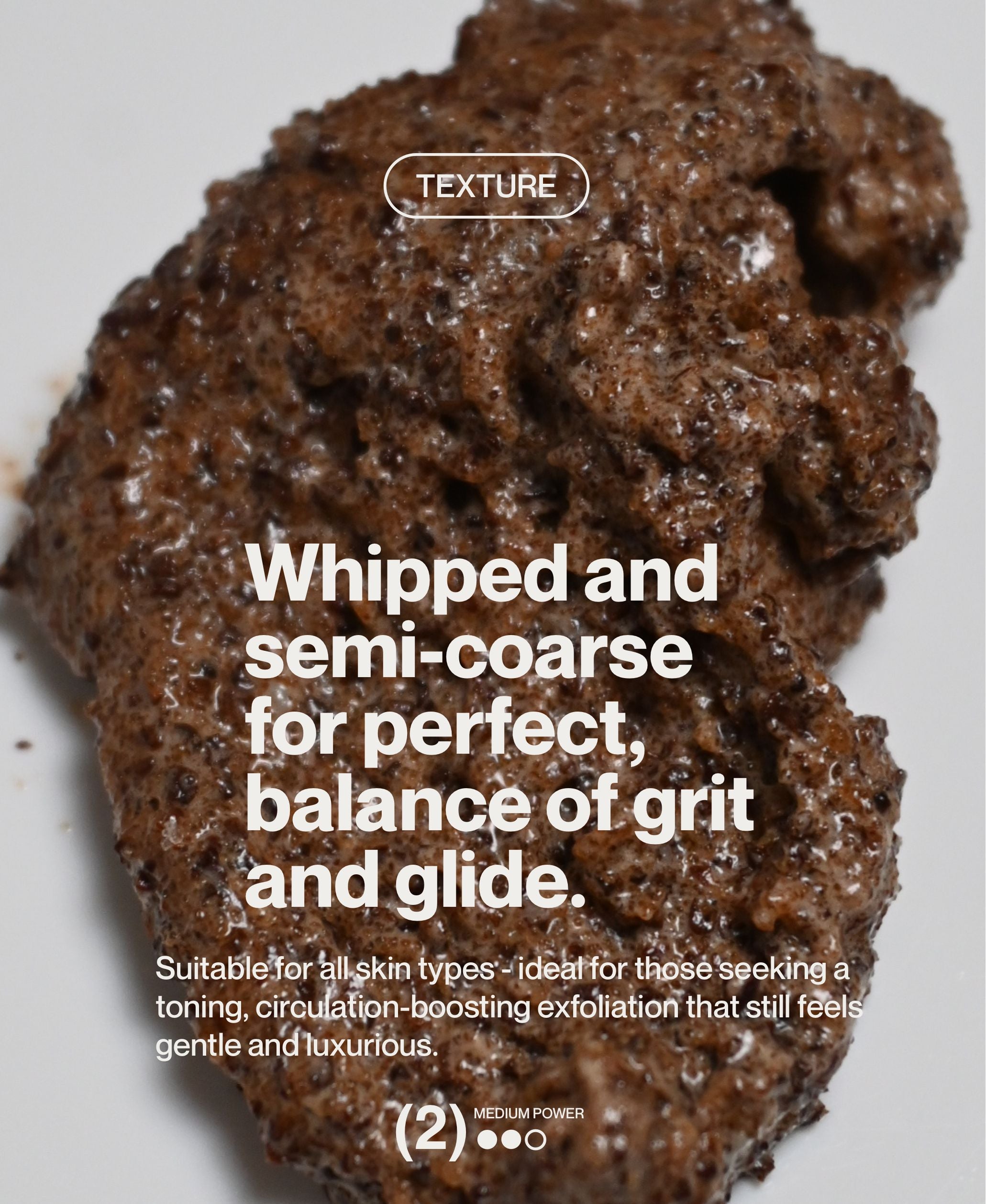 Close-up of whipped coffee body scrub texture with semi-coarse exfoliating finish